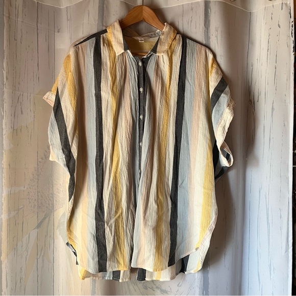 Time and Tru Tops - Time and Tru Women’s Casual Striped Shirt - Yellow Blue and Gray